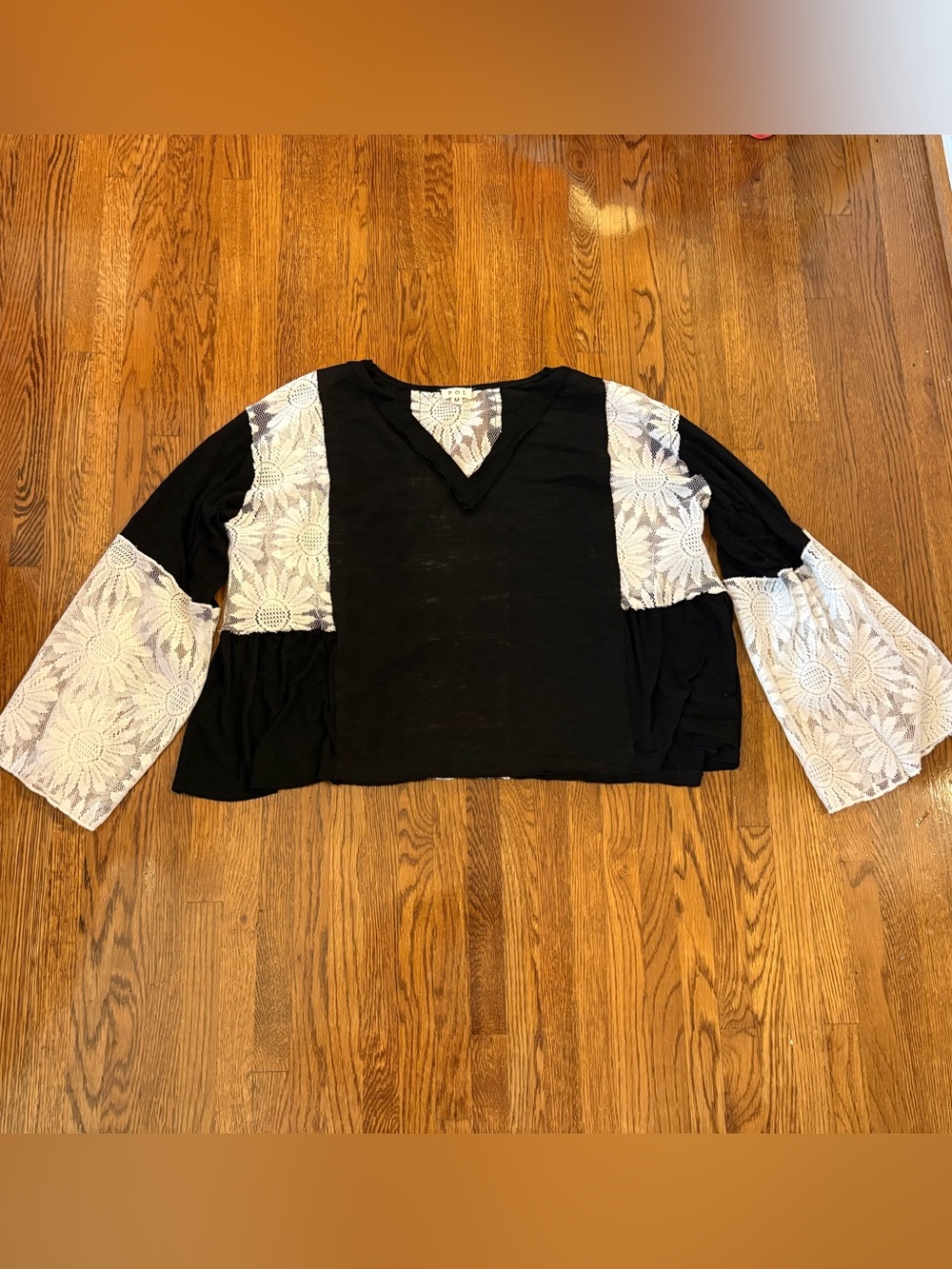 POL Black Top with White Lace Paneled Long Sleeves